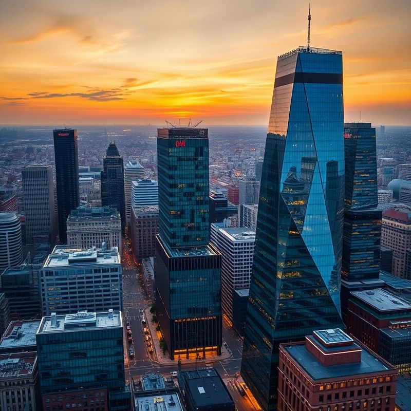 Panorama europejskiego centrum finansowego o zmierzchu